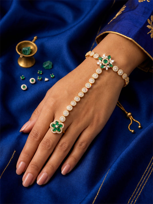 Green Floral Round-Stone Chain Hathphool - Mehndi Plated worn on hand