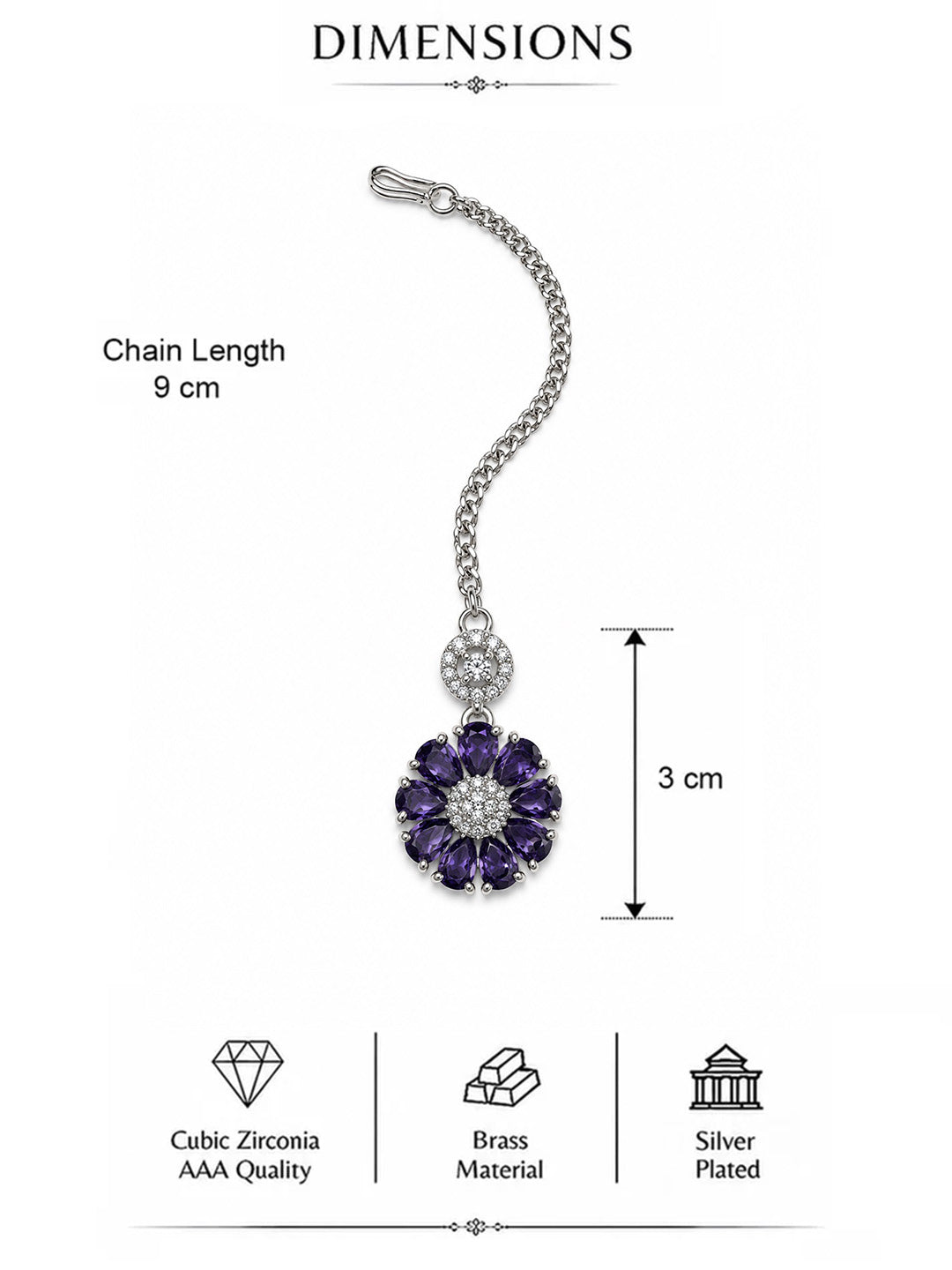 Purple Teardrop Floral Maang Tikka - Silver Plated, additional view 5