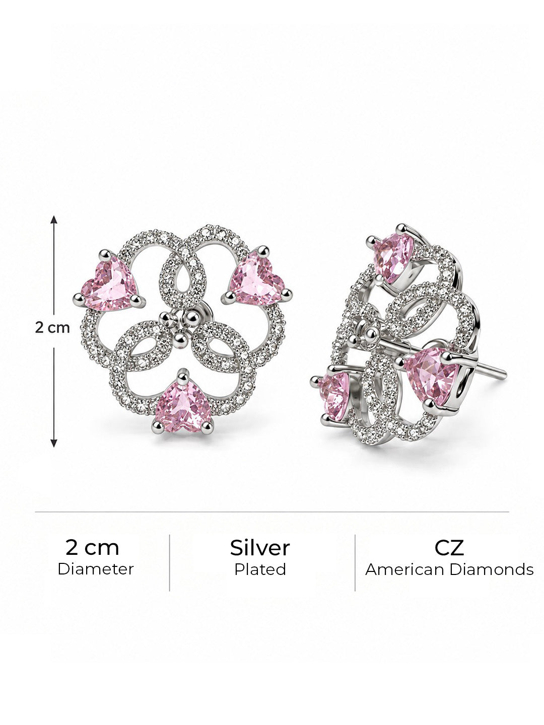 Pink Heart Stone Openwork Floral Stud Earrings in silver plating