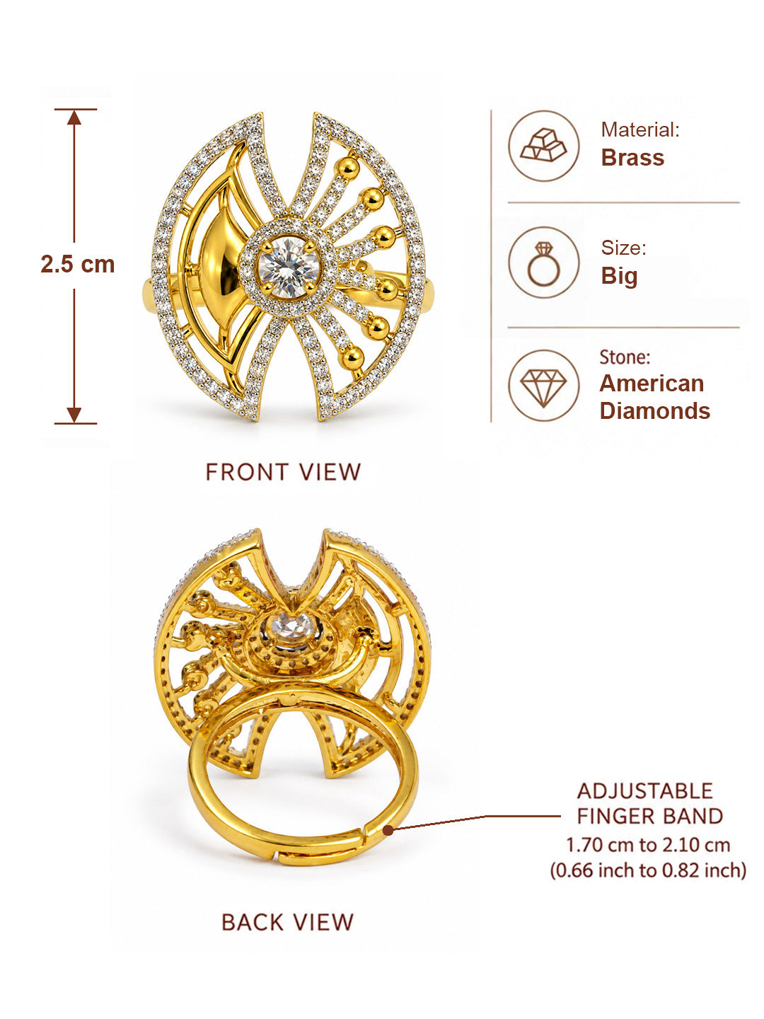 White Center Stone Fan Motif Ring - Gold Plated