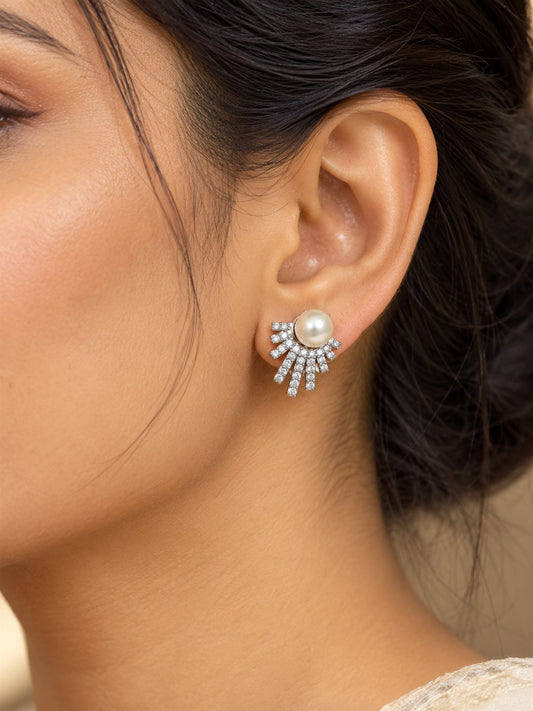 White Pearl-Effect Sunray Fan Stud Earrings, silver plated, model close-up