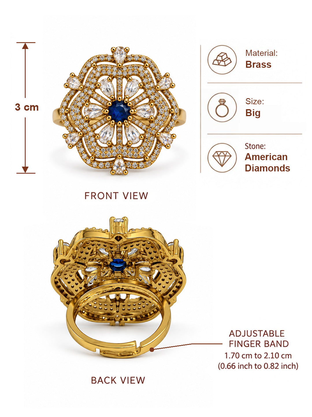 Blue Stone Scalloped Floral Halo Ring - Gold Plated, additional view 7