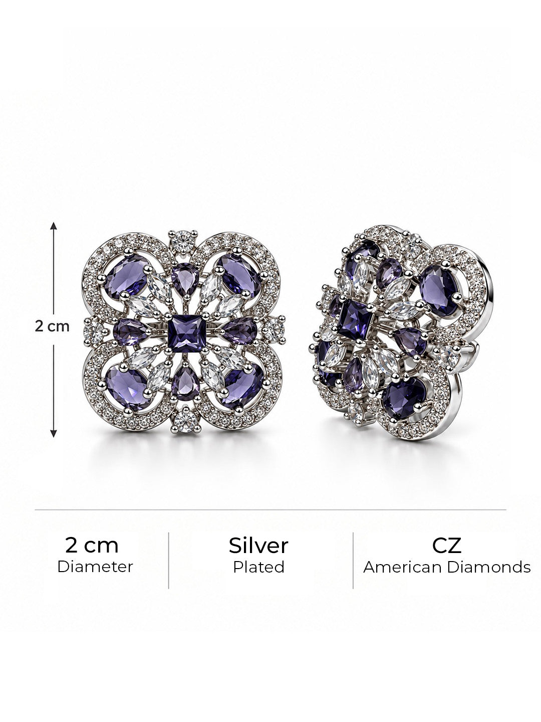 Purple Scrollwork Floral Stud Earrings in silver plating