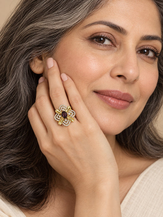 Purple Center Stone Four-Petal Floral Ring - Gold Plated - model close-up