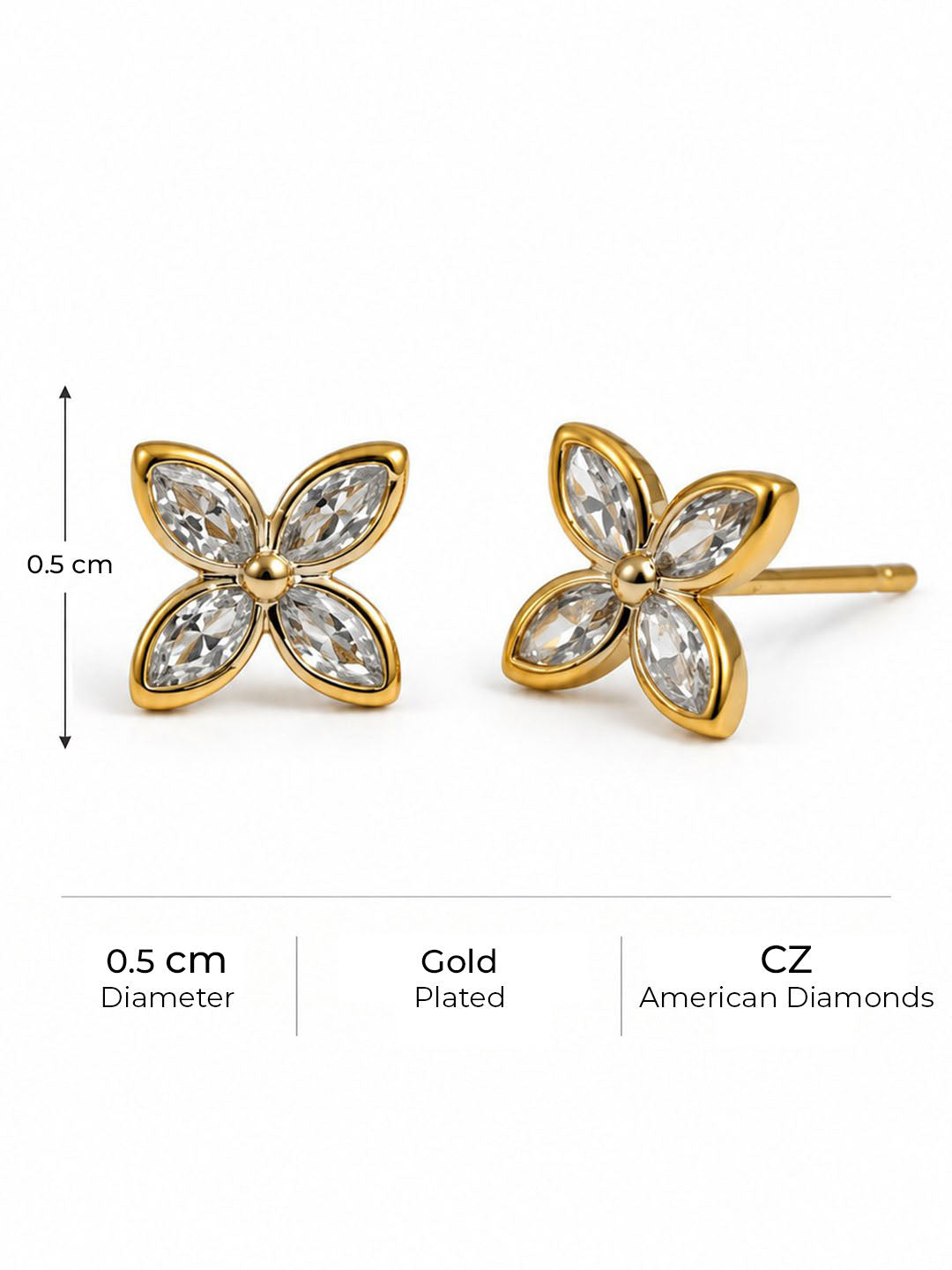 Clear Marquise Stone Four Petal Stud Earrings - Gold Plated, additional view 4