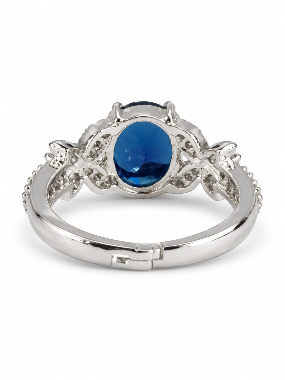 Blue Oval Center Stone Floral Shoulder Ring - Silver Plated