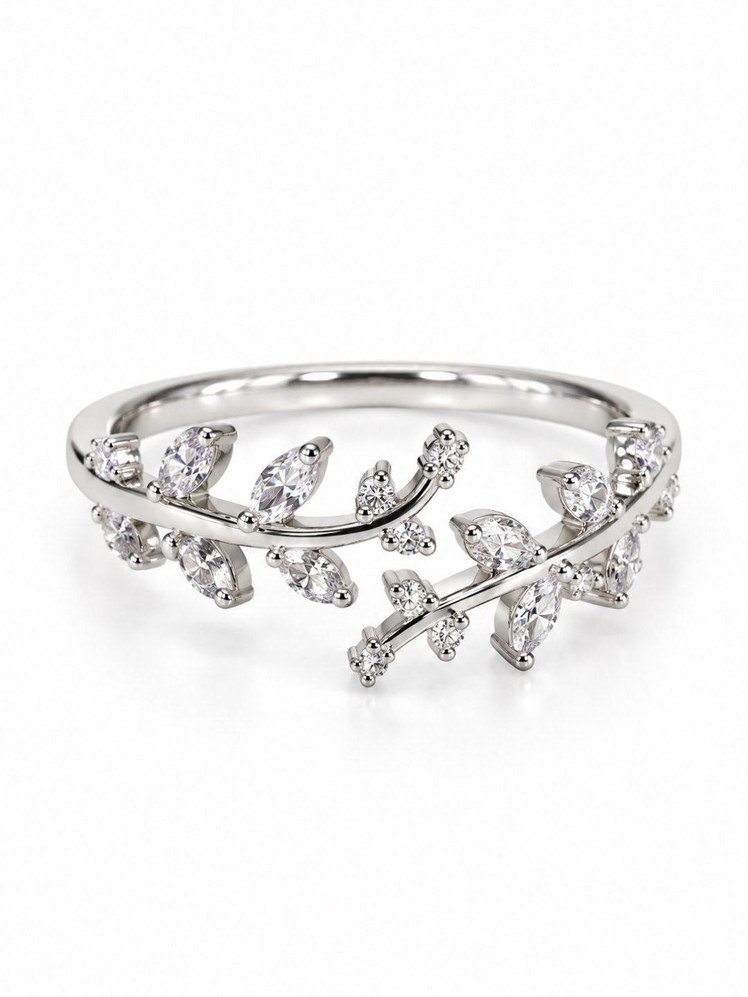 Clear Leaf Vine Ring - Silver Plated