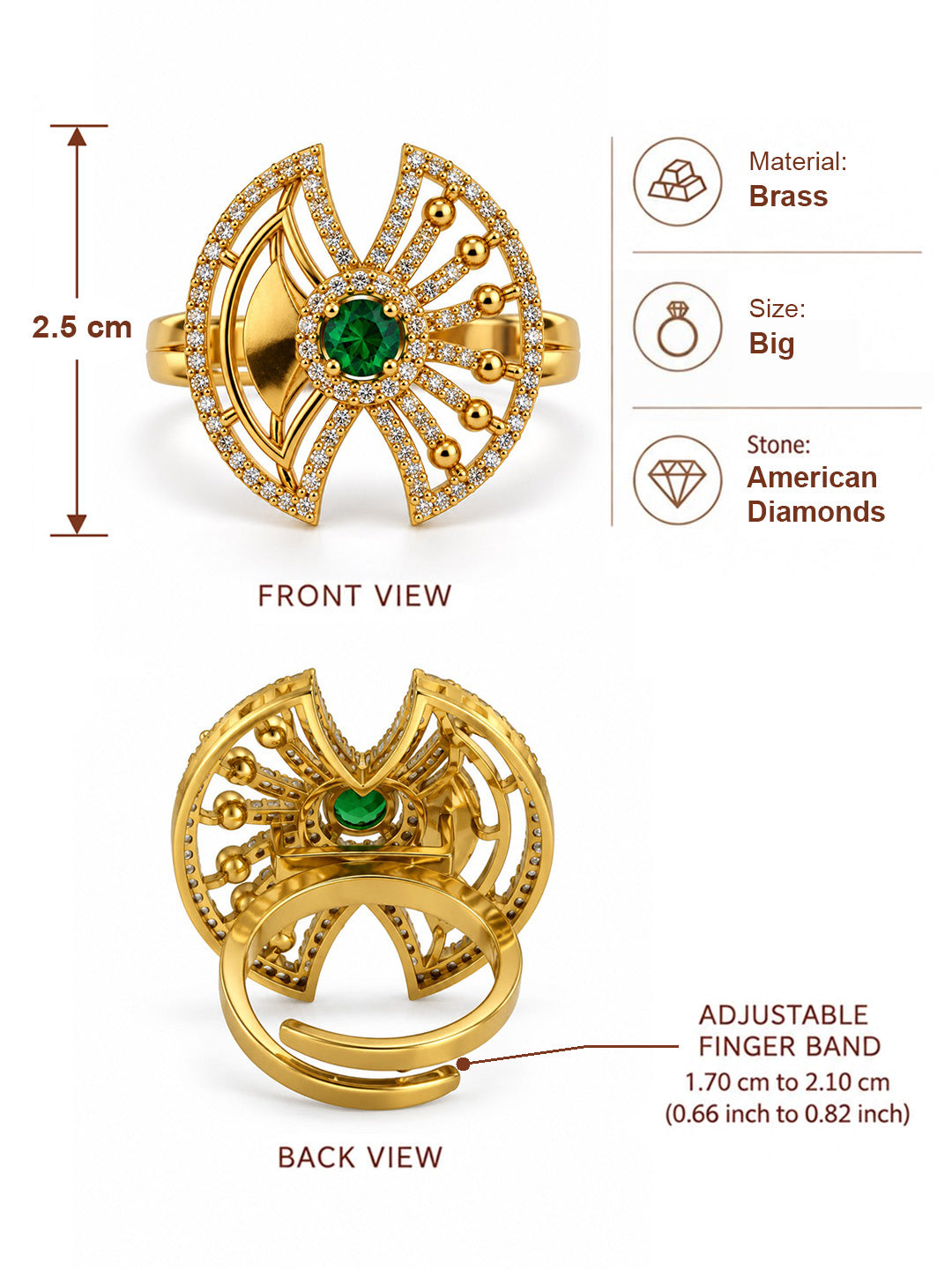 Green Stone Openwork Fan Ring - Gold Plated, additional view 6