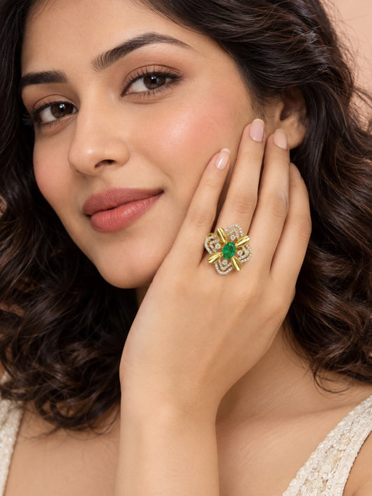 Sea Green Center Stone Four-Petal Floral Ring - Gold Plated - model close-up