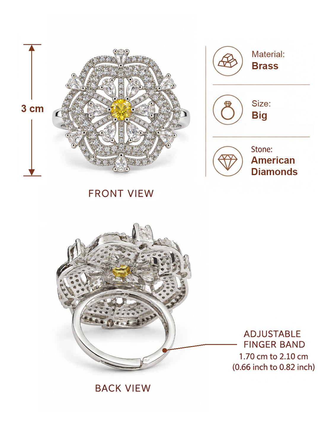 Yellow Round Center Geometric Flower Ring - Silver Plated - alternate view
