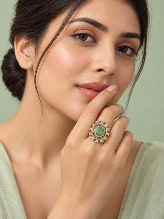 Sea Green Center Stone Baguette Halo Ring - Gold Plated - model close-up