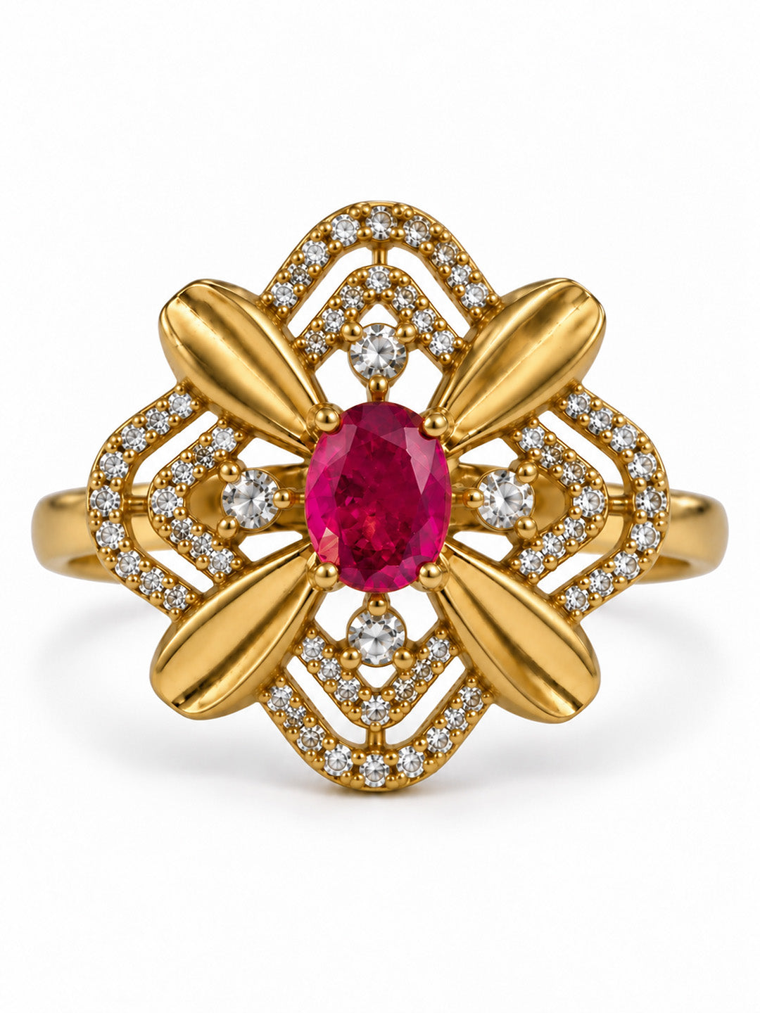 Red Stone Four Petal Floral Ring - Gold Plated, additional view 7