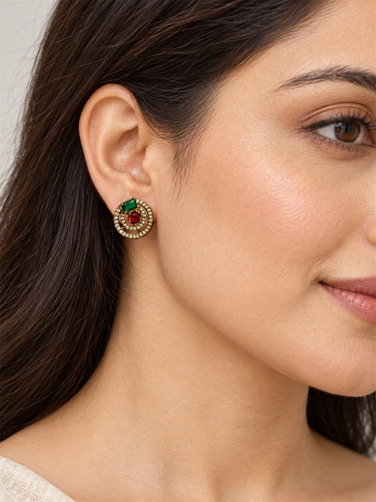 Green and Red Stone Double Halo Stud Earrings, gold plated, model close-up