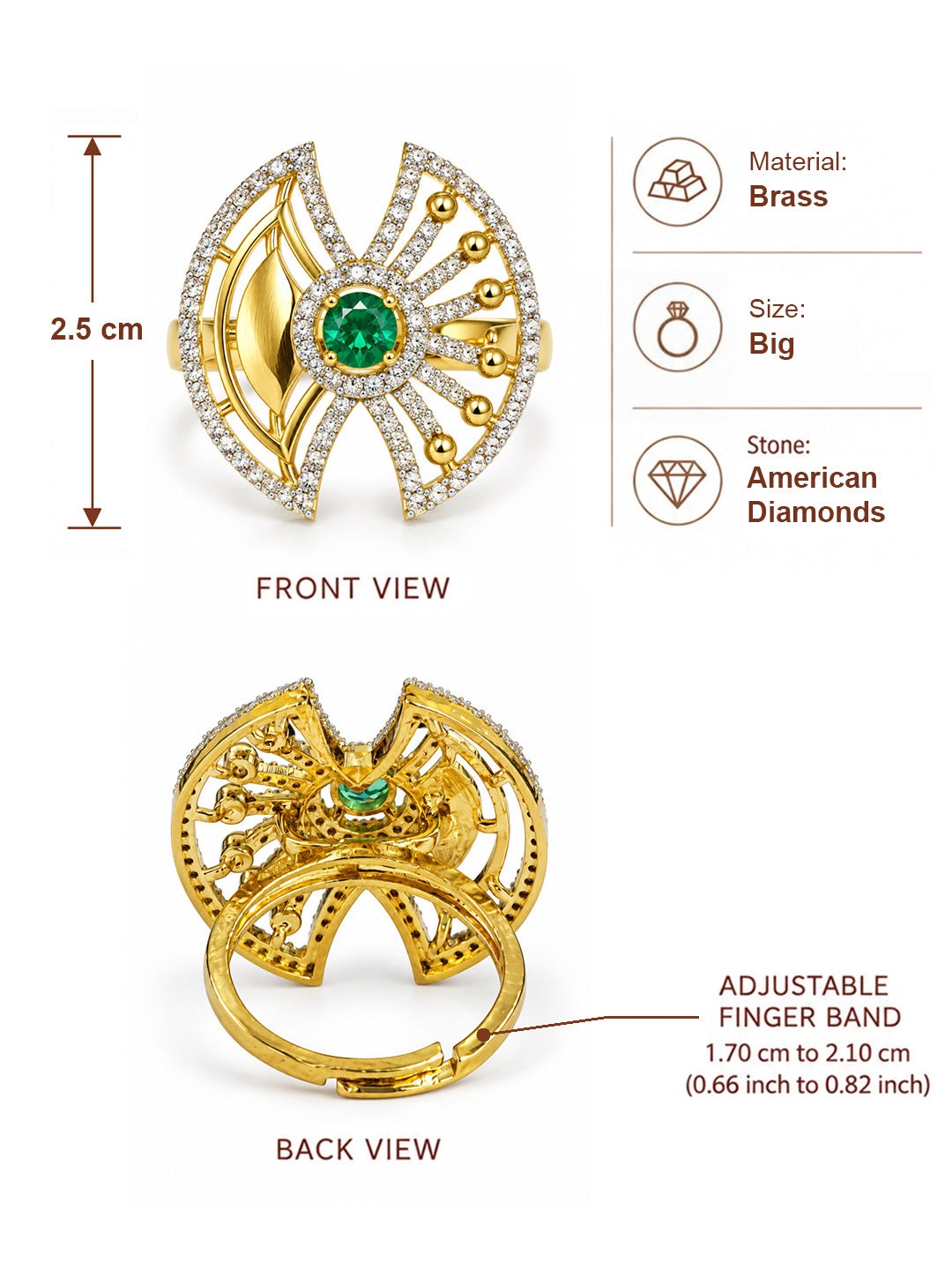 Sea Green Center Stone Fan Motif Ring - Gold Plated