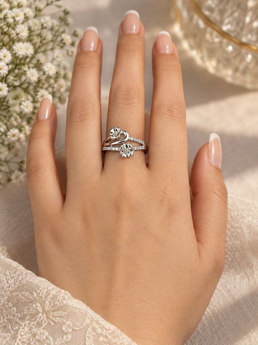 Clear Twin Flower Bypass Ring - Silver Plated worn on hand