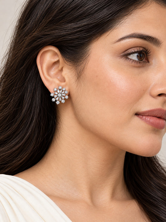 Clear Baguette Sunburst Stud Earrings, silver plated, model close-up