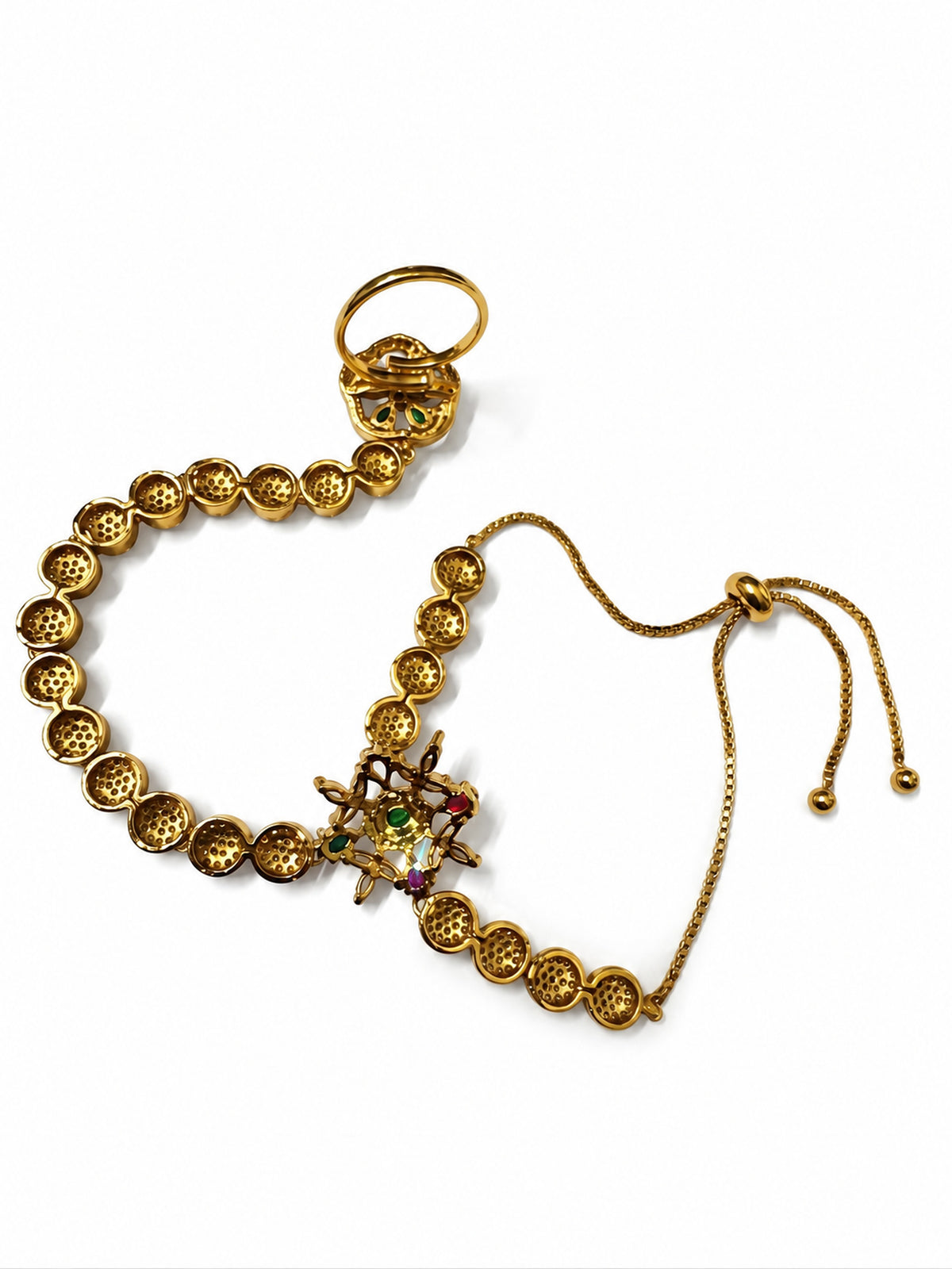 Multicolor Floral Round-Stone Chain Hathphool - Mehndi Plated