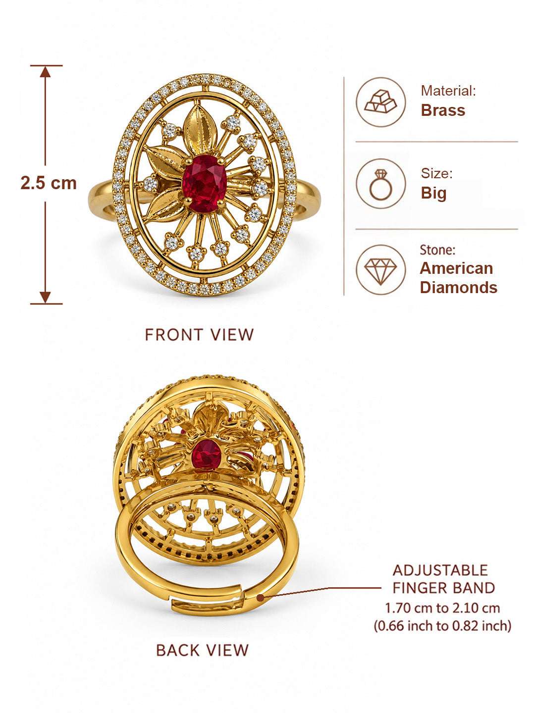 Red Stone Oval Sunburst Ring - Gold Plated, additional view 6