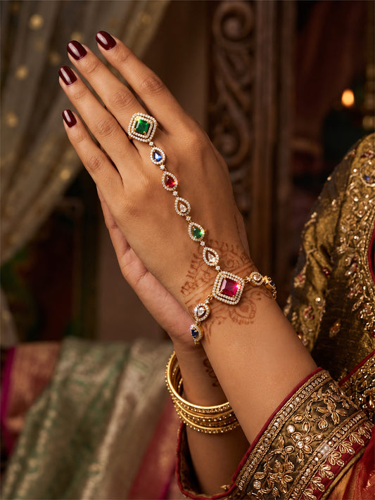 Multicolor Square Halo and Teardrop Hathphool - Mehndi Plated worn on hand