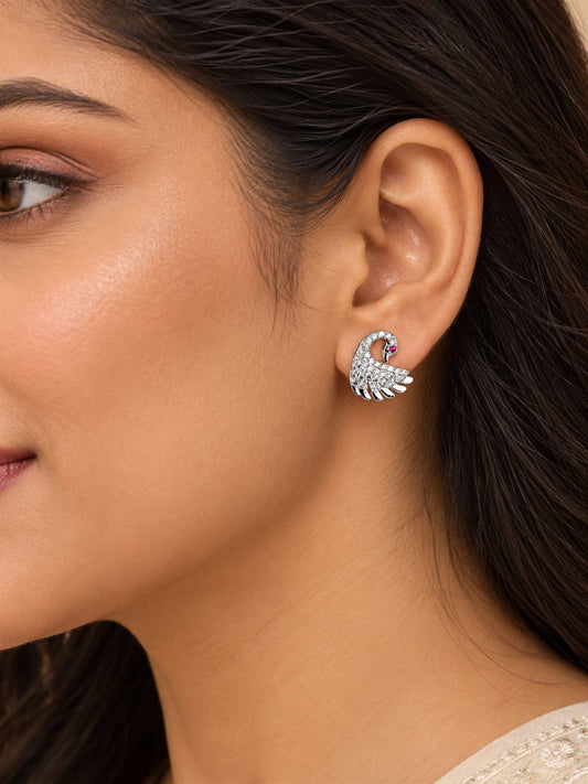 Clear Stone Swan Stud Earrings, silver plated, model close-up