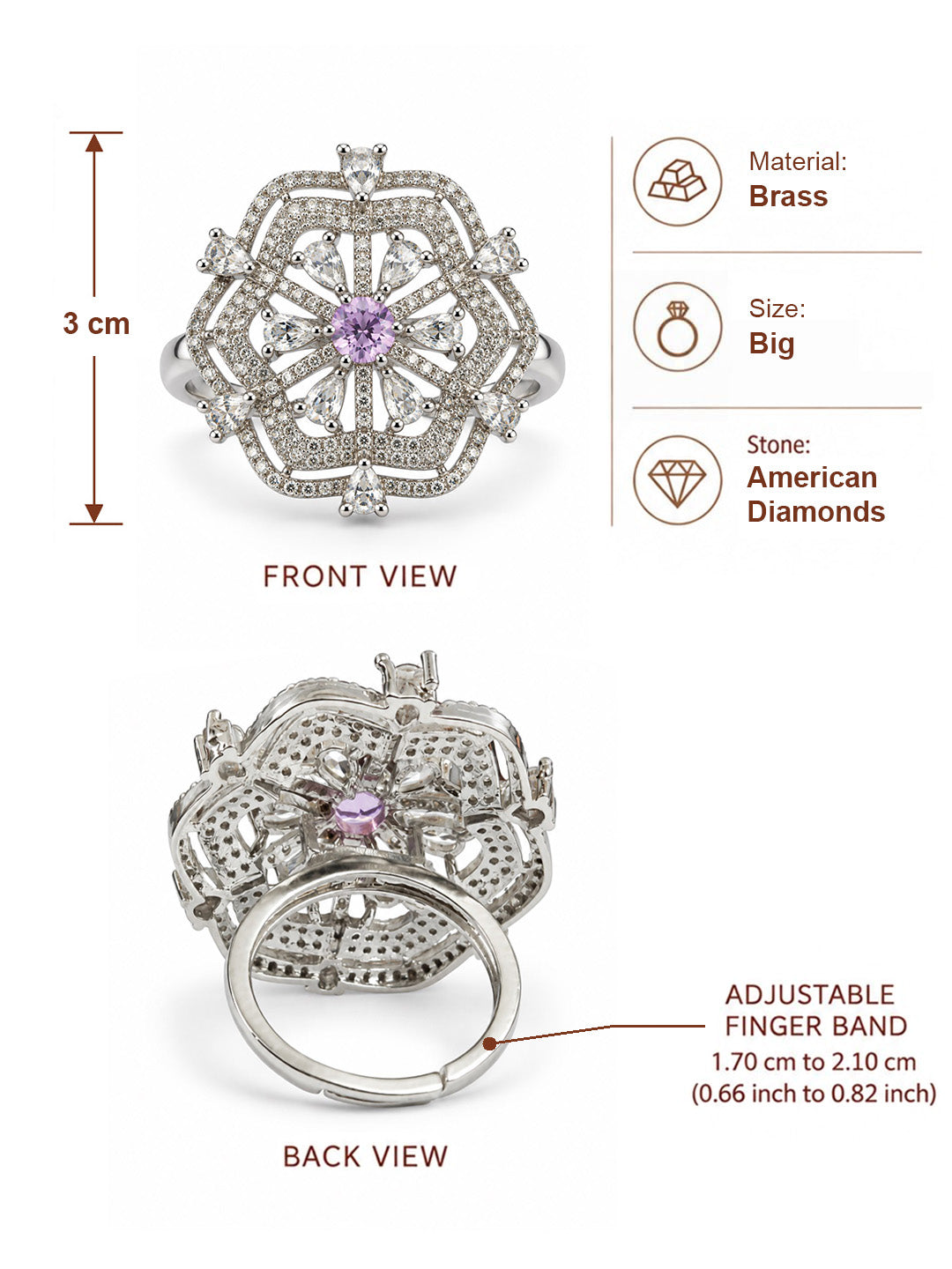 Lavender Round Center Geometric Flower Ring - Silver Plated - alternate view