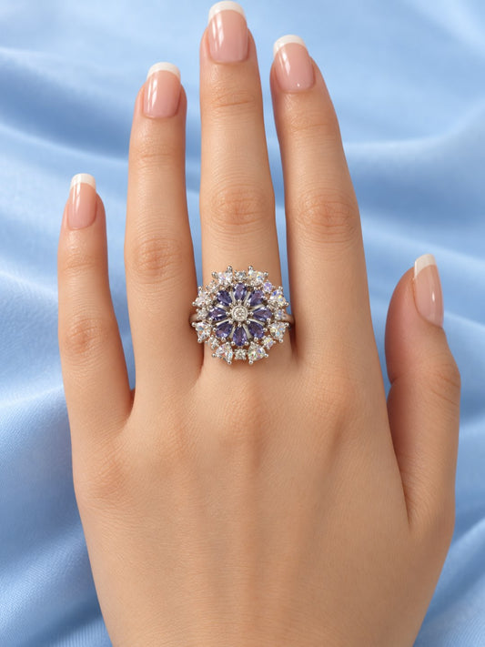 Purple Petal Halo Flower Ring - Silver Plated worn on hand - close-up