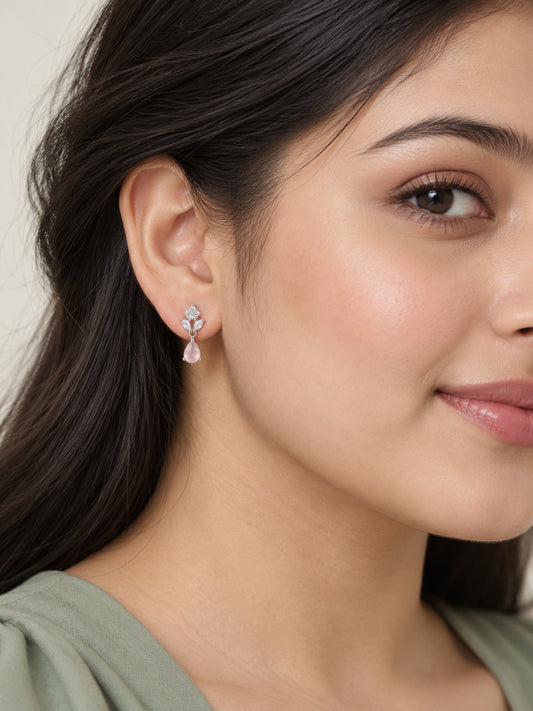 Pink Teardrop Floral Drop Earrings - Silver Plated, model close-up