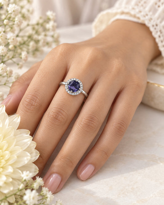 Purple Round Solitaire Halo Ring - Silver Plated worn on hand