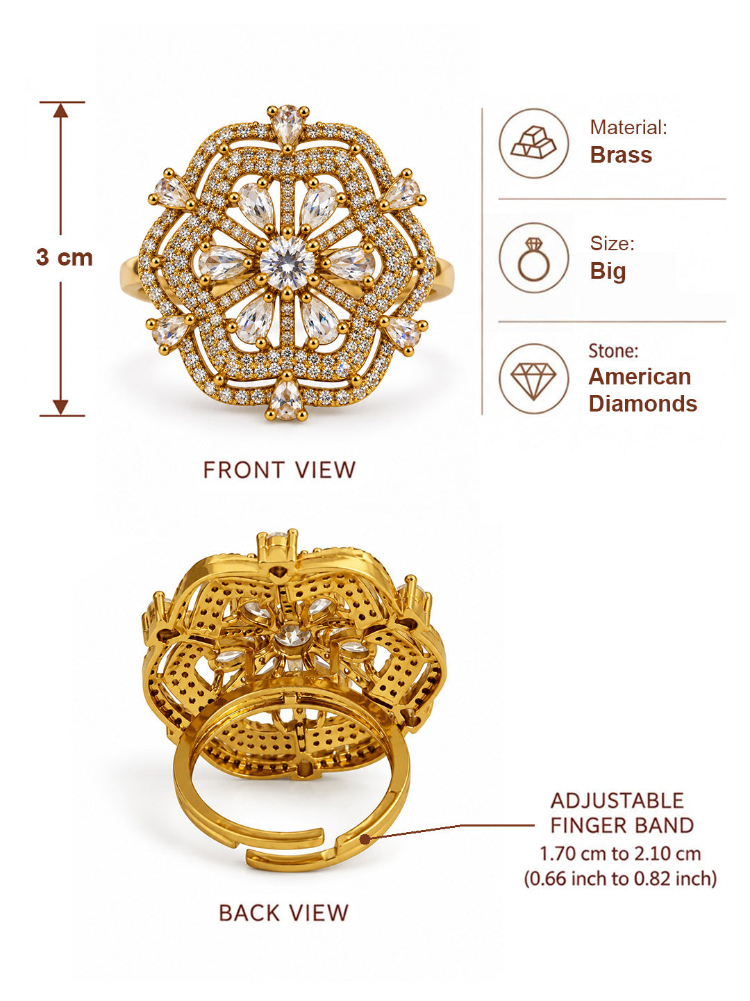 Clear Stone Scalloped Floral Halo Ring - Gold Plated, additional view 7