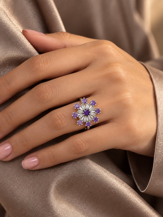Lavender Floral Starburst Ring - Silver Plated worn on hand