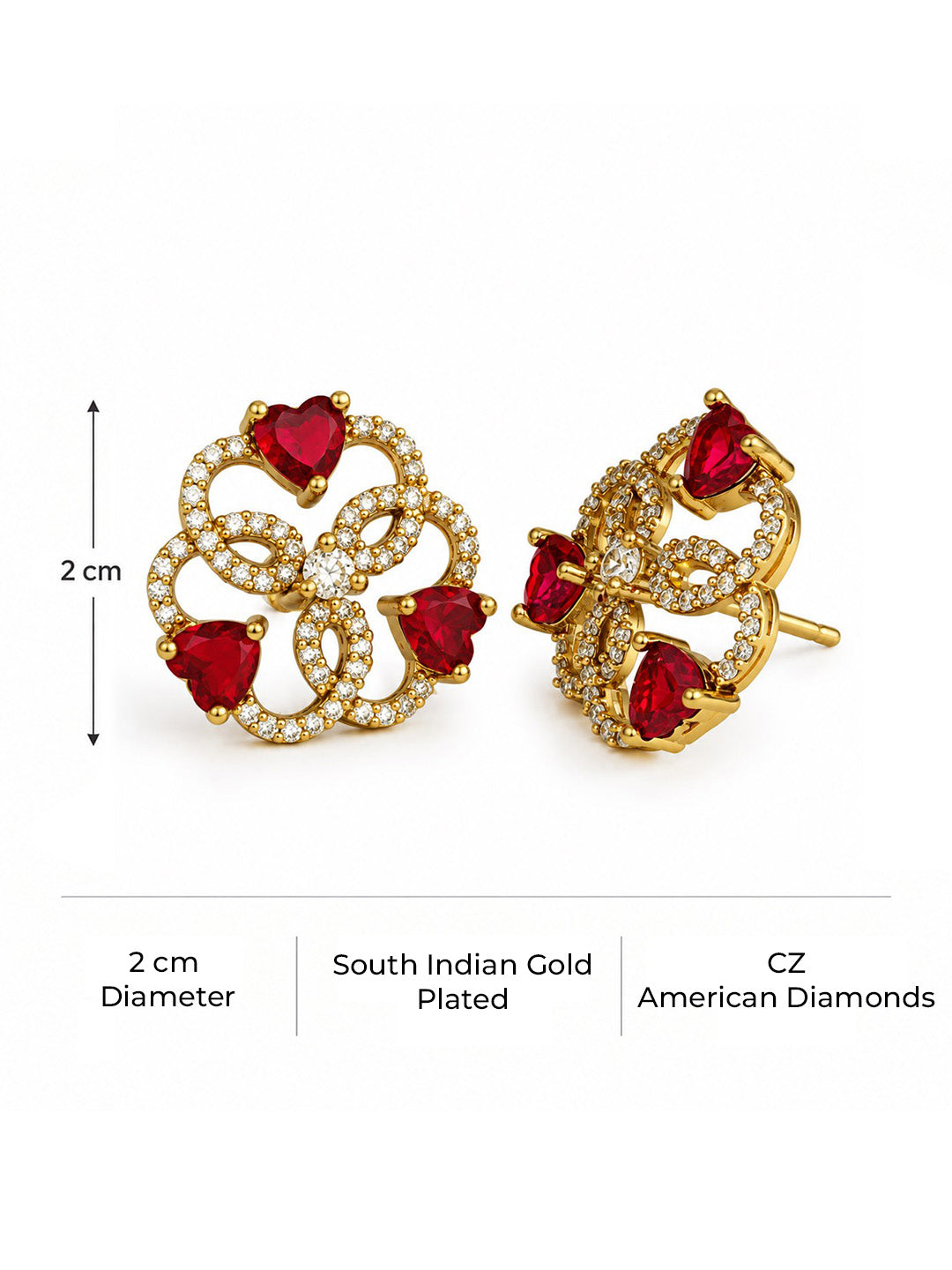 Red Three Heart Openwork Floral Stud Earrings - Gold Plated