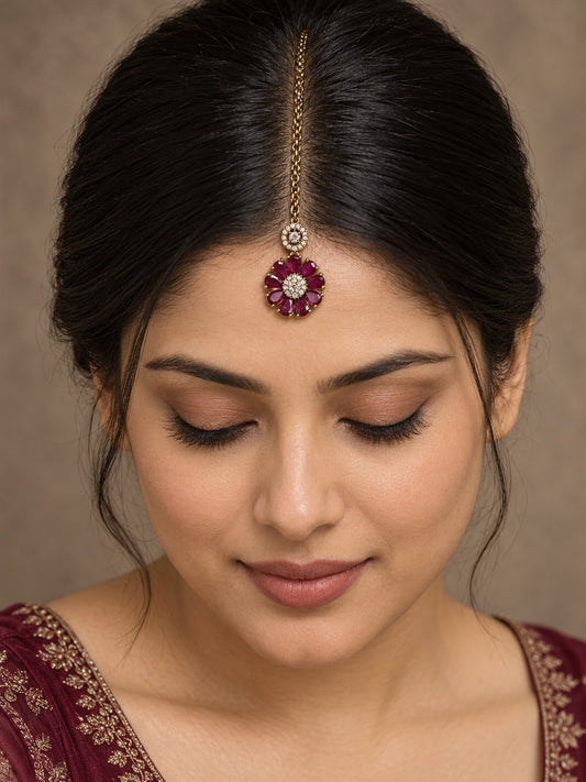 Magenta Teardrop Floral Maang Tikka - Gold Plated, model close-up