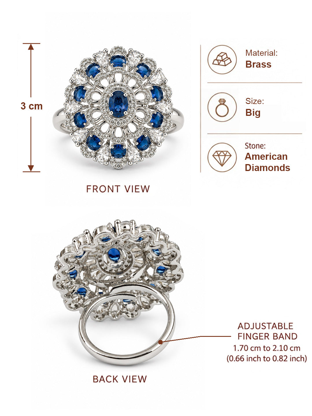 Blue Oval Center Floral Cluster Ring - Silver Plated - alternate view