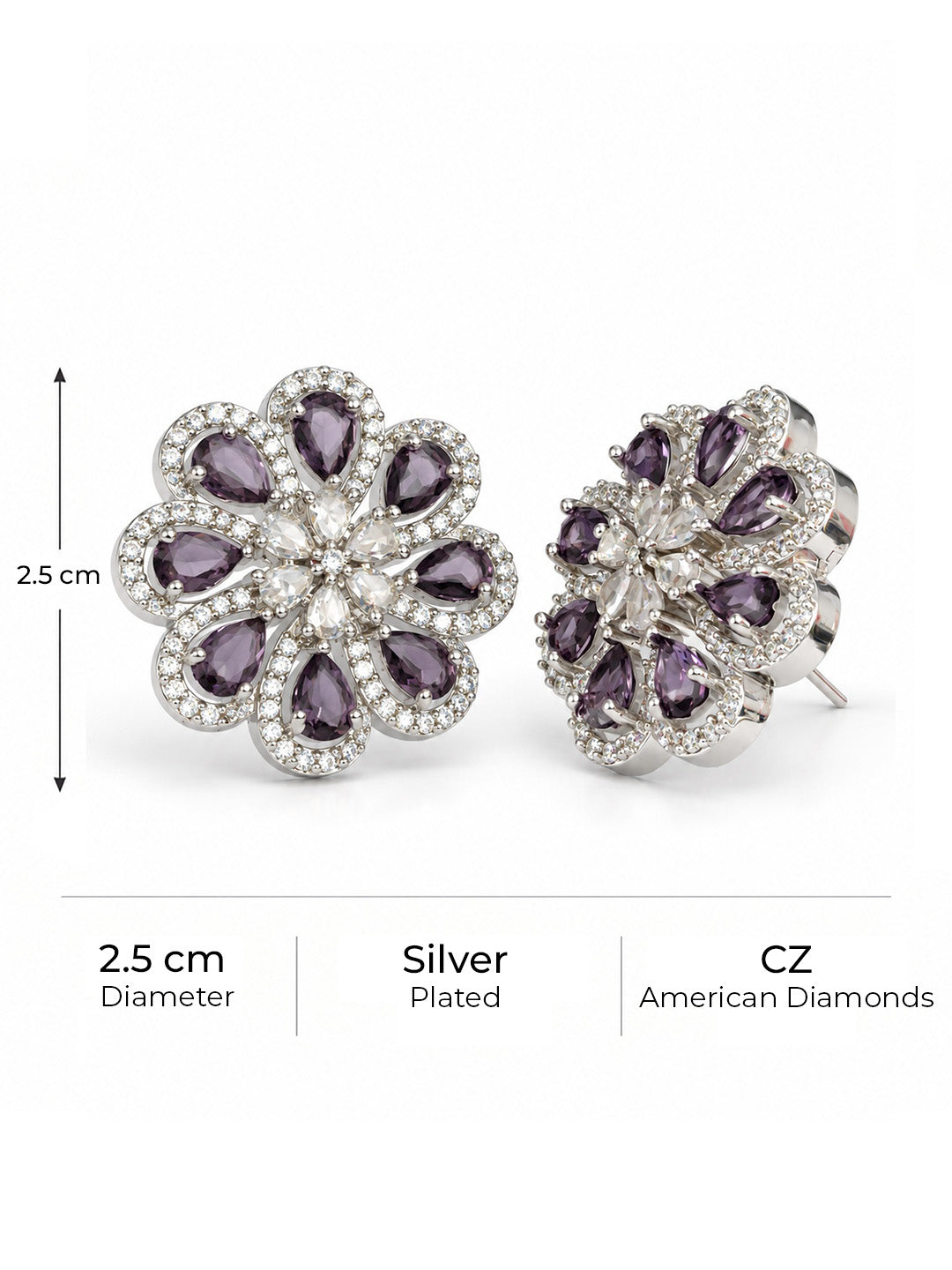 Purple Teardrop Floral Stud Earrings in silver plating