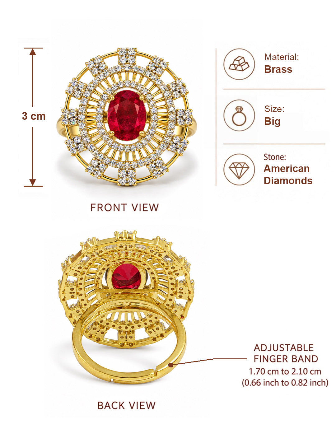Red Center Stone Baguette Halo Ring - Gold Plated