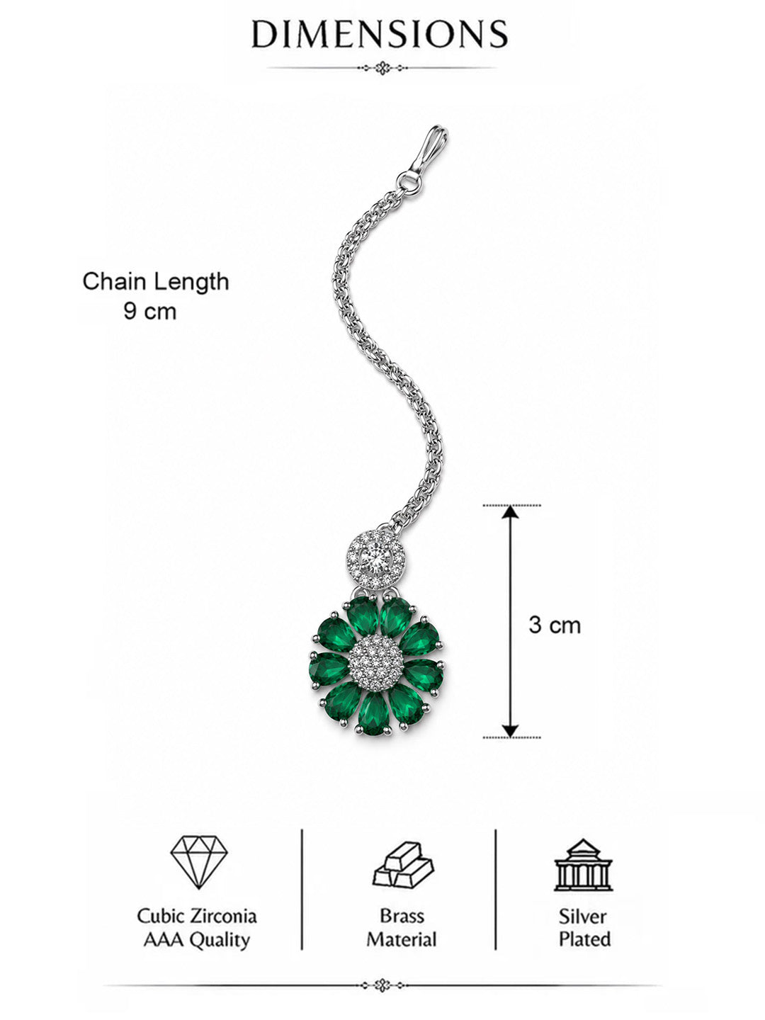 Green Teardrop Floral Maang Tikka - Silver Plated, additional view 5
