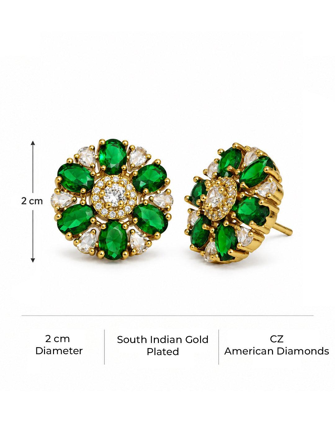 Green Oval Petal Floral Stud Earrings - Gold Plated