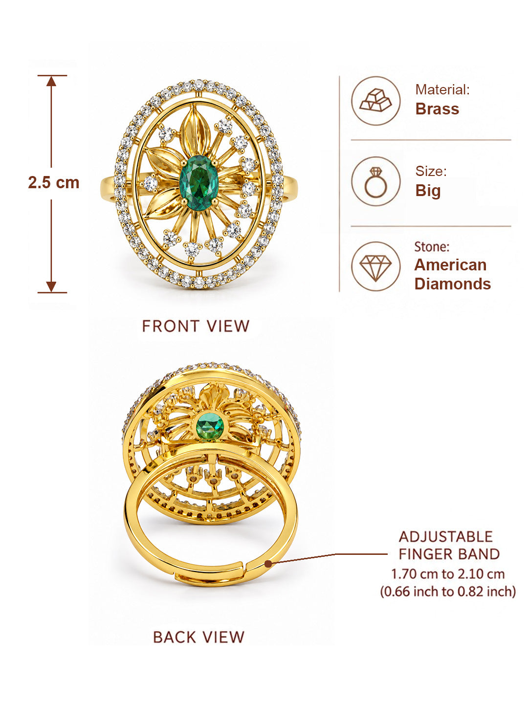 Sea Green Center Stone Oval Sunburst Ring - Gold Plated