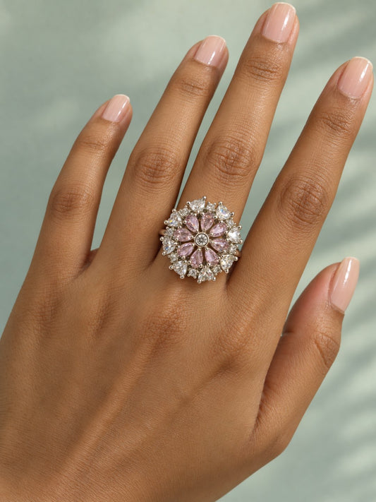Pink Petal Halo Flower Ring - Silver Plated worn on hand - close-up