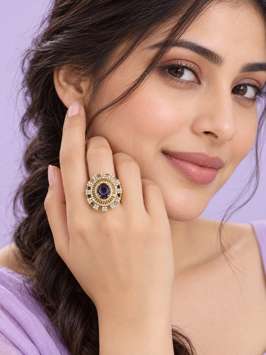 Purple Center Stone Baguette Halo Ring - Gold Plated - model close-up