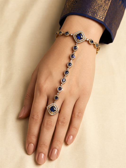 Blue Square Halo and Teardrop Hathphool - Mehndi Plated worn on hand