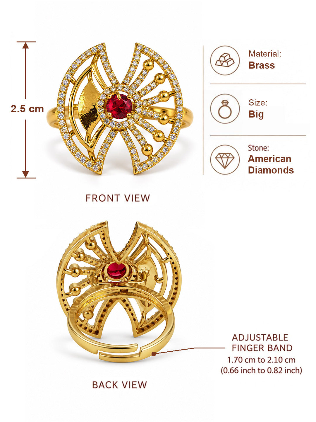 Red Stone Openwork Fan Ring - Gold Plated, additional view 6