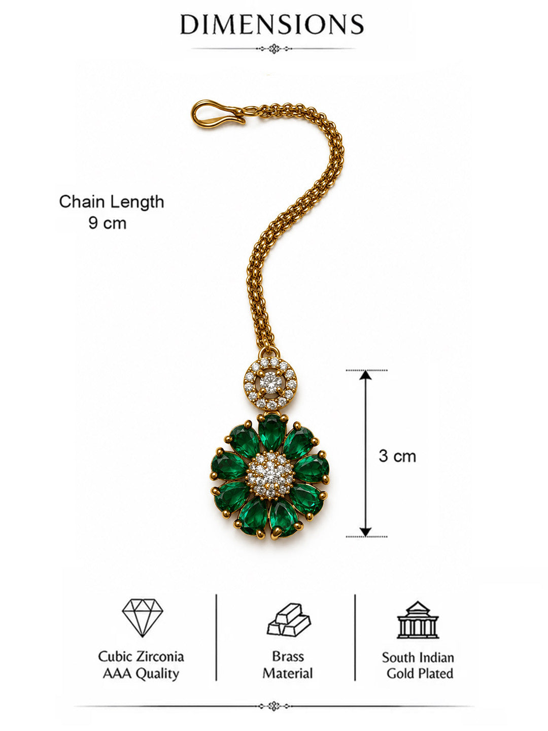 Green Teardrop Floral Maang Tikka - Gold Plated, additional view 5