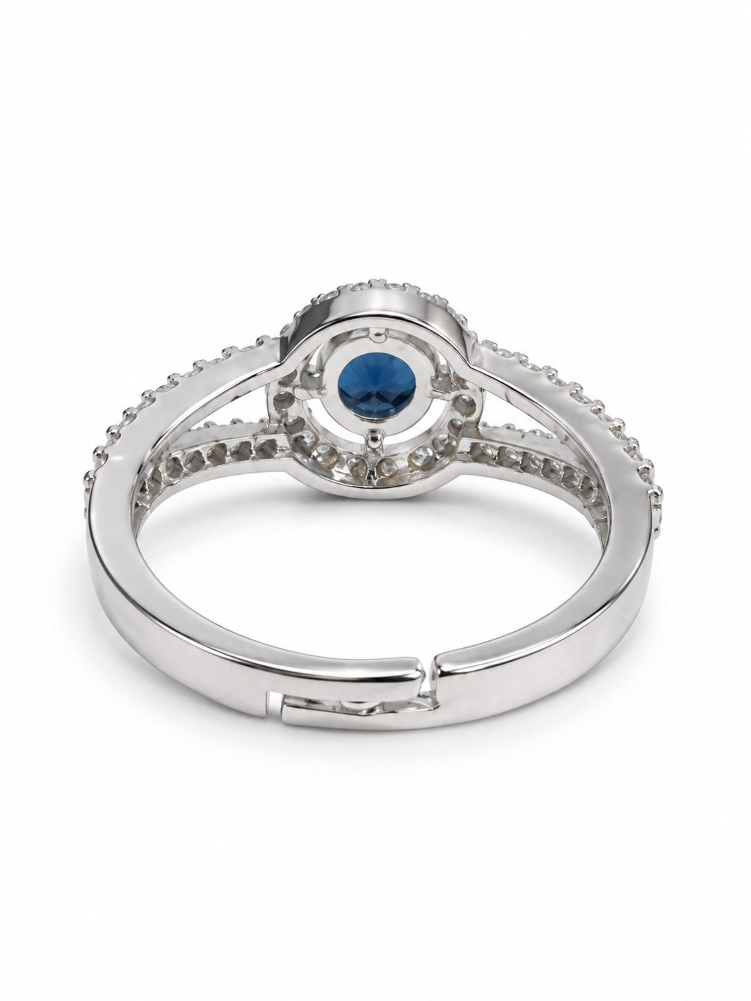 Blue Round Halo Split-Shank Ring - Silver Plated