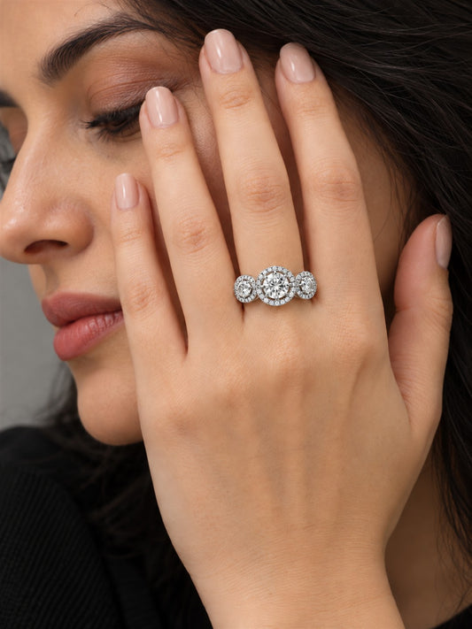 Clear Triple Round Halo Ring - Silver Plated, model close-up