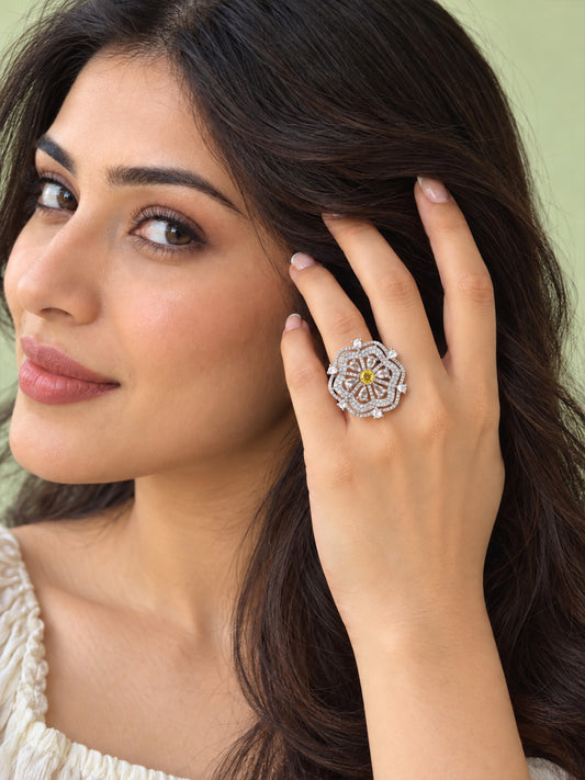 Yellow Round Center Geometric Flower Ring - Silver Plated worn on hand - close-up
