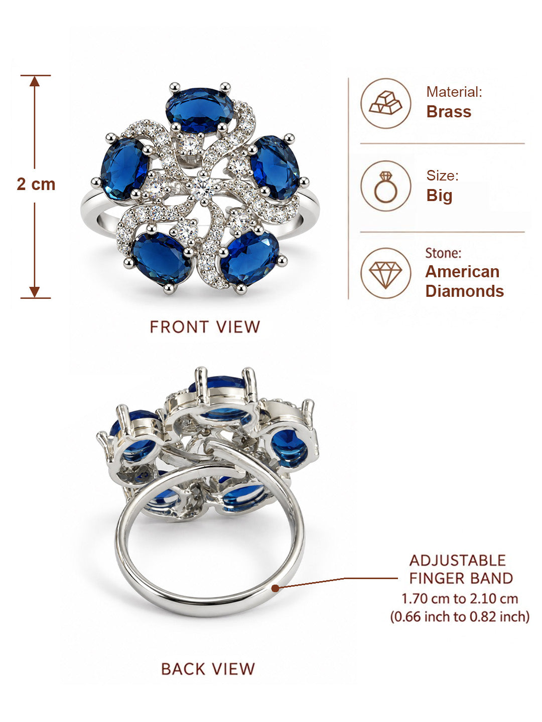 Blue Oval Stone Floral Ring - Silver Plated - alternate view
