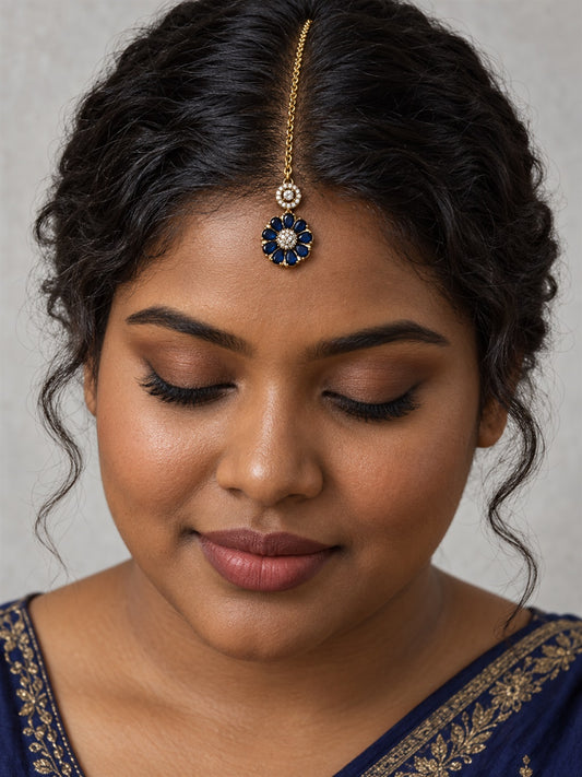 Blue Teardrop Floral Maang Tikka - Gold Plated, model close-up