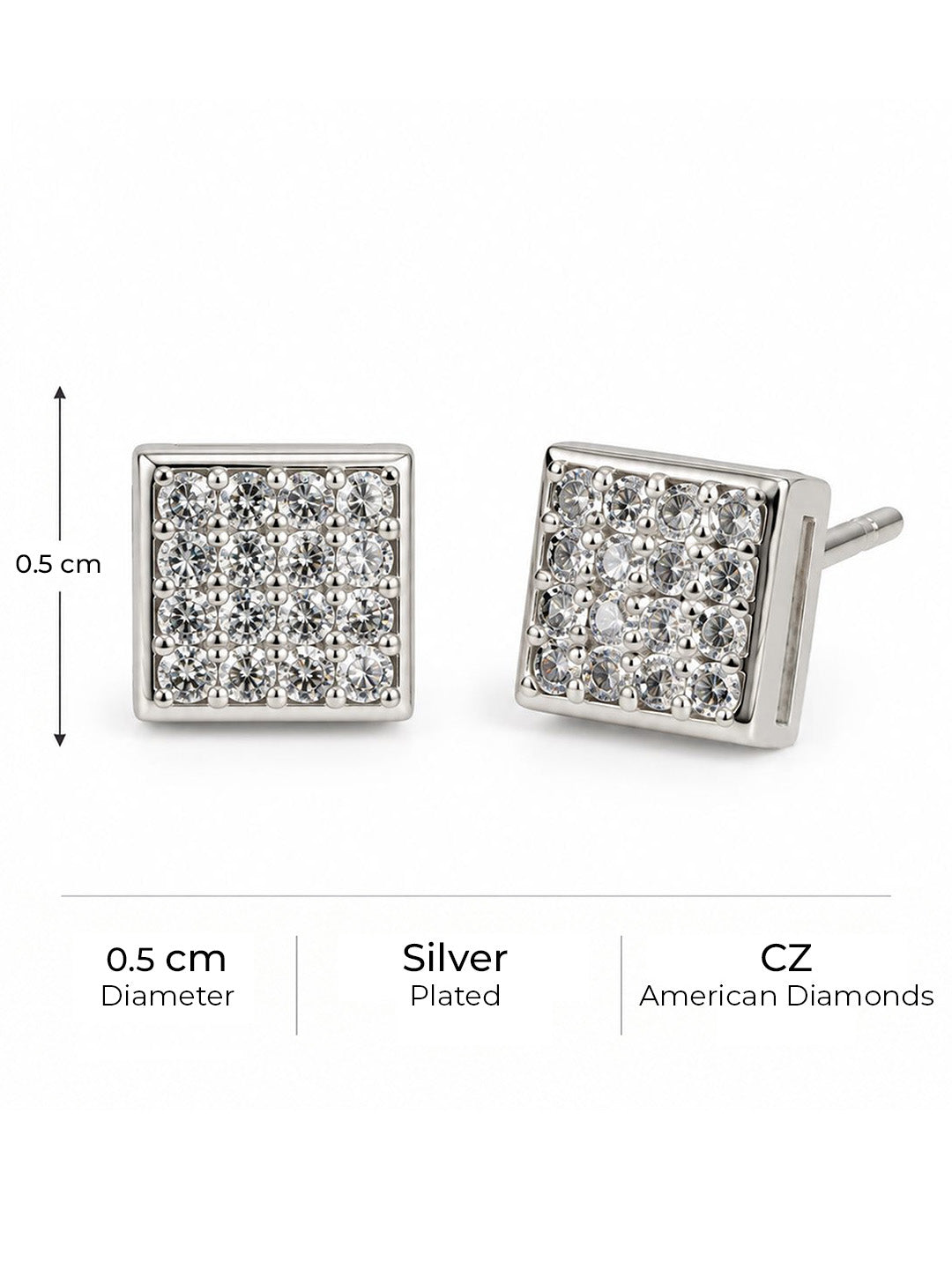 Clear Pave Square Stud Earrings, silver plated, size and plating details