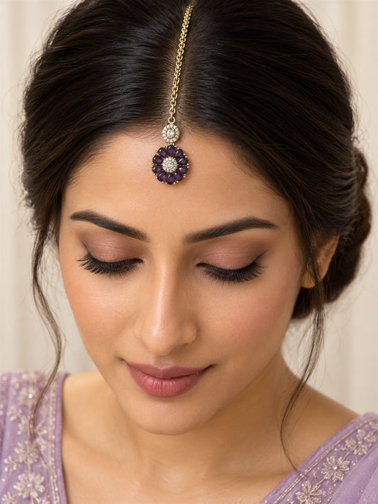Purple Teardrop Floral Maang Tikka - Gold Plated, model close-up